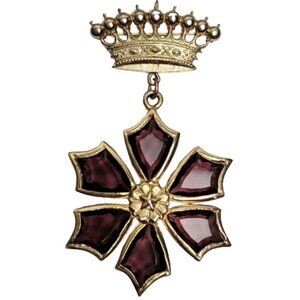 Accessocraft 1960s Gold Tone Crown Bar Red Bezel Glass Flower Brooch/Pendant